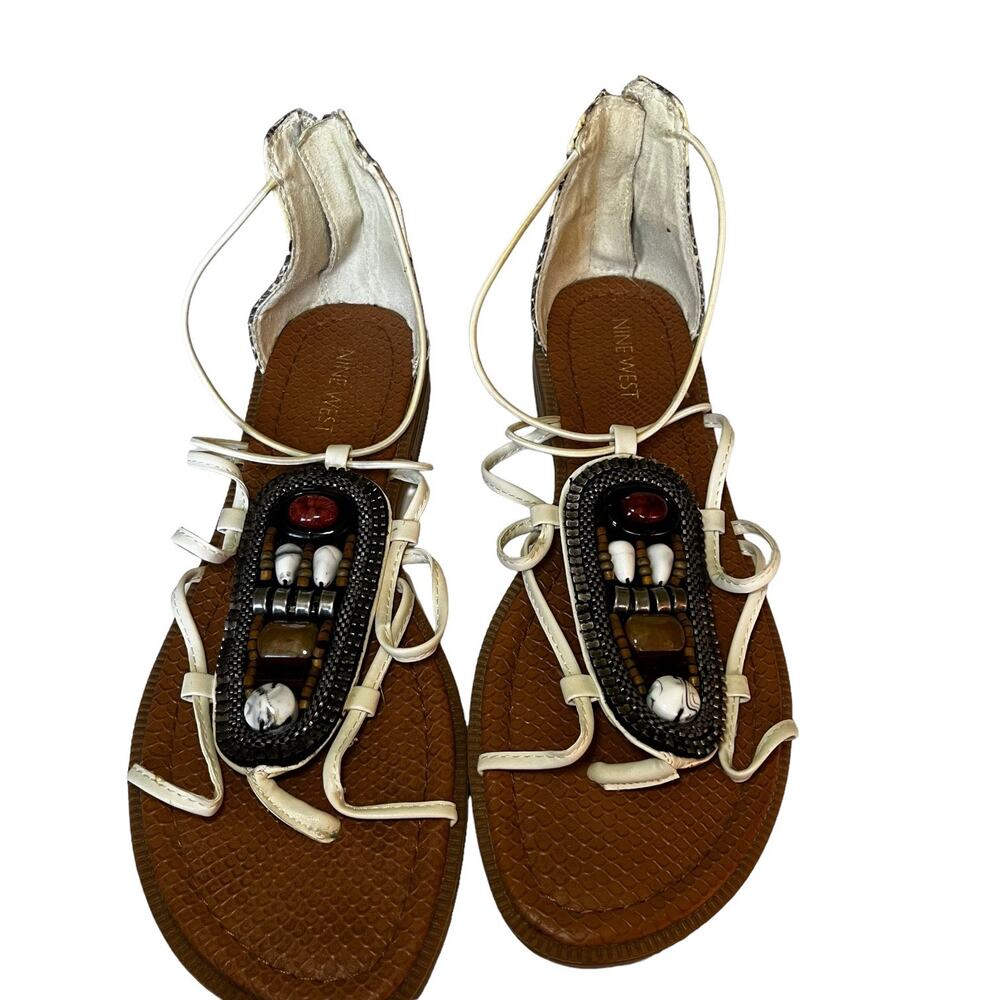 Nine West Thong Flat Sandals 9 Tribal Beaded Strappy Snakeskin Zip Southwest